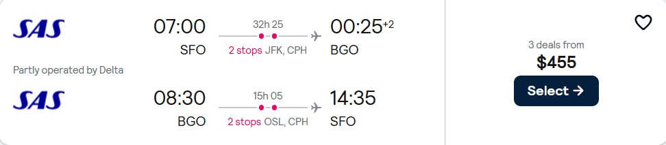 Click here to book this cheap flight deal. Cheap flights from San Francisco to Bergen, Norway for only $455 roundtrip with Delta Air Lines and Scandinavian Airlines. Flight deal ticket image.