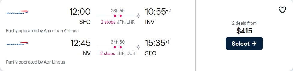 Summer flights from San Francisco to Inverness, Scotland for only $415 roundtrip with American Airlines, British Airways and Aer Lingus. Flight deal ticket image.