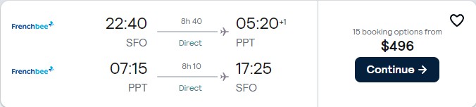 Non-stop flights from San Francisco to Tahiti, French Polynesia for only $496 roundtrip. Flight deal ticket image.