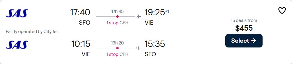 Cheap flights from San Francisco to Vienna, Austria for only $455 roundtrip with Scandinavian Airlines. Flight deal ticket image.