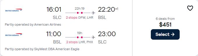 Cheap flights from Salt Lake City, Utah to Basel, Switzerland for only $451 roundtrip with American Airlines and British Airways. Flight deal ticket image.