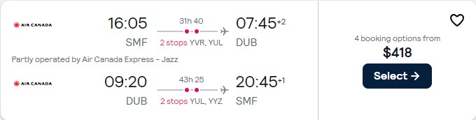 Cheap flights from Sacramento, California to Dublin, Ireland for only $418 roundtrip with Air Canada. Flight deal ticket image.