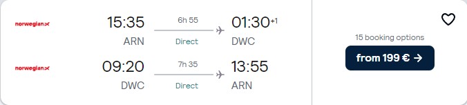 Click here to book this cheap flight deal. Non-stop flights from Stockholm, Sweden to Dubai, UAE for only €199 roundtrip. Flight deal ticket image.