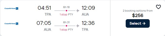 Cheap flights from Tampa, Florida to Aruba for only $256 roundtrip with Copa Airlines. Flight deal ticket image.
