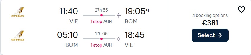 Cheap flights from Vienna, Austria to Indian cities from only €381 roundtrip with Etihad Airways. Flight deal ticket image.