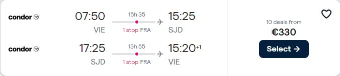 Cheap flights from Vienna, Austria to San Jose del Cabo, Mexico for only €330 roundtrip. Flight deal ticket image.