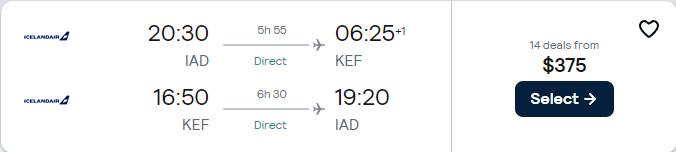 Non-stop flights from Washington DC to Reykjavik, Iceland for only $375 roundtrip. Flight deal ticket image.