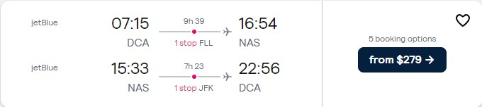 Cheap flights from Washington DC to the Bahamas for only $279 roundtrip with JetBlue. Flight deal ticket image.
