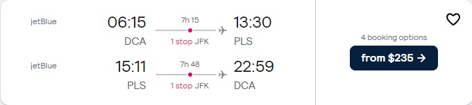 New Year flights from Washington DC to Turks and Caicos for only $235 roundtrip with JetBlue. Flight deal ticket image.