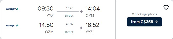 Non-stop flights from Toronto, Canada to Cozumel, Mexico for only $356 CAD roundtrip. Flight deal ticket image.