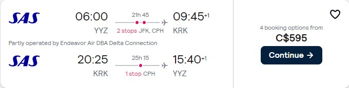 Click here to book this cheap flight deal. Cheap flights from Toronto, Canada to Krakow, Poland for only $595 CAD roundtrip with Scandinavian Airlines. Flight deal ticket image.