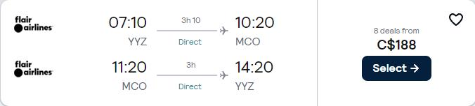 Non-stop flights from Toronto, Canada to Orlando, Florida for only $186 CAD roundtrip. Flight deal ticket image.