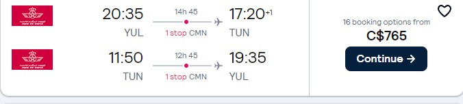 Cheap flights from Montreal, Canada to Tunis, Tunisia for only $765 CAD roundtrip with Royal Air Maroc. Flight deal ticket image.