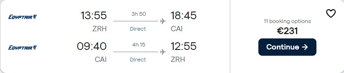 Non-stop flights from Zurich, Switzerland to Cairo, Egypt for only €231 roundtrip. Flight deal ticket image.
