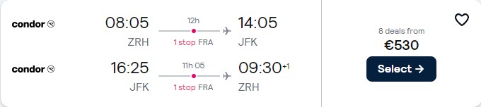 Premium Economy flights from European cities to New York, USA from only €530 roundtrip. Flight deal ticket image.