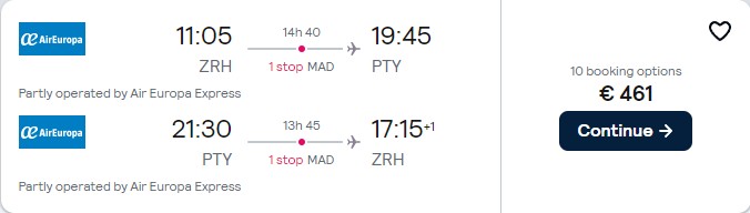 Click here to book this cheap flight deal. Cheap flights from Zurich, Switzerland to Panama City, Panama for only €461 roundtrip with Air Europa. Flight deal ticket image.
