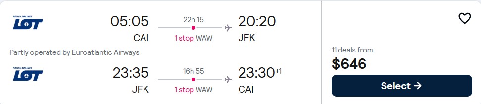 Cheap flights from Cairo, Egypt to New York, USA for only $646 USD roundtrip with LOT Polish Airlines. Flight deal ticket image.