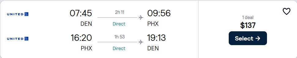 Non-stop flights from Denver, Colorado to Phoenix, Arizona for only $137 roundtrip with United Airlines. Also works in reverse. Flight deal ticket image.