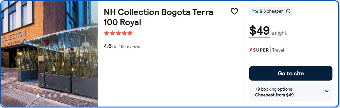 Click here to book this cheap flight deal. Stay at the 5* NH Collection Bogota Terra 100 Royal in Bogota, Colombia for only $49 USD per night. Flight deal ticket image.