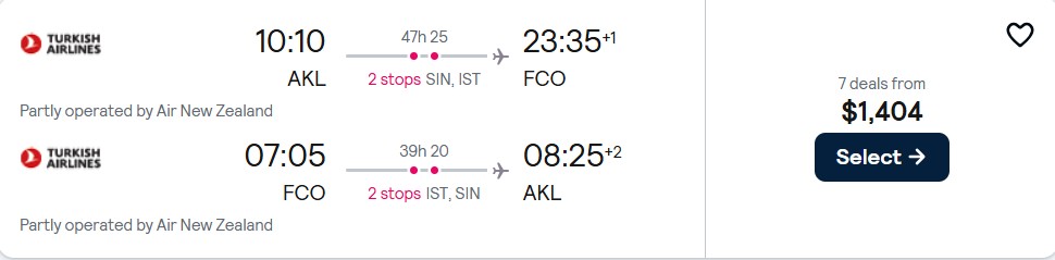 Cheap flights from Auckland, New Zealand to Rome, Italy for only $1404 NZD roundtrip with Air New Zealand and Turkish Airlines. Flight deal ticket image.