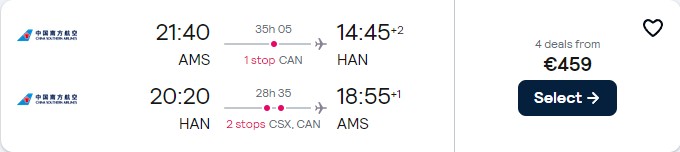 Cheap flights from Amsterdam, Netherlands to Hanoi or Ho Chi Minh City, Vietnam from only €459 roundtrip. Flight deal ticket image.