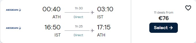 Non-stop flights from Athens, Greece to Istanbul, Turkey for only €76 roundtrip with Aegean Airlines. Flight deal ticket image.