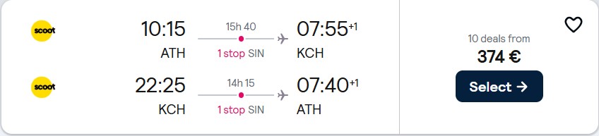 Cheap flights from Athens, Greece to Kuching or Kota Kinabalu, Malaysia from only €374 roundtrip. Flight deal ticket image.