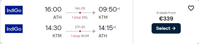 Click here to book this cheap flight deal. Cheap flights from Athens, Greece to Kathmandu, Nepal for only €339 roundtrip. Flight deal ticket image.