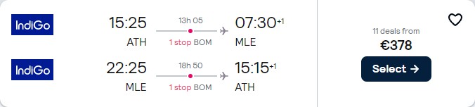 Click here to book this cheap flight deal. Cheap flights from Athens, Greece to the Maldives for only €378 roundtrip. Flight deal ticket image.