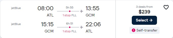 Click here to book this cheap flight deal. Cheap flights from US cities to the Cayman Islands from only $239 roundtrip with JetBlue. Flight deal ticket image.
