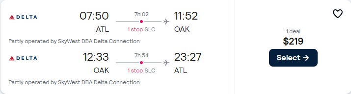 Click here to book this cheap flight deal. Cheap flights from Atlanta to Oakland, California for only $219 roundtrip with Delta Air Lines. Also works in reverse. Flight deal ticket image.