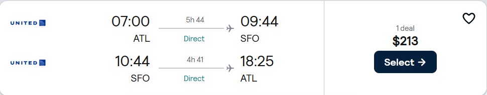Click here to book this cheap flight deal. Non-stop flights from Atlanta to San Francisco for only $213 roundtrip with United Airlines. Also works in reverse. Flight deal ticket image.