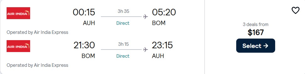 Non-stop, summer flights from Abu Dhabi, UAE to Mumbai, India for only $167 USD roundtrip. Flight deal ticket image.