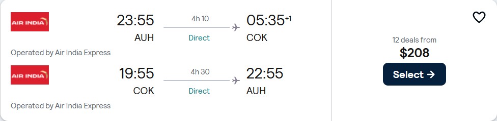 Non-stop flights from Abu Dhabi, UAE to Kochi, India for only $208 USD roundtrip. Flight deal ticket image.
