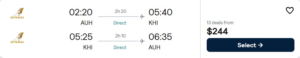 Non-stop flights from Abu Dhabi, UAE to Karachi, Pakistan for only $244 USD roundtrip with Etihad Airways. Flight deal ticket image.