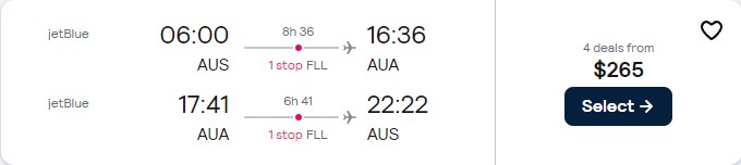 Cheap flights from Austin, Texas to Aruba for only $265 roundtrip with JetBlue. Flight deal ticket image.