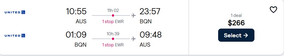 Cheap flights from Austin, Texas to Aguadilla, Puerto Rico for only $266 roundtrip with United Airlines. Flight deal ticket image.