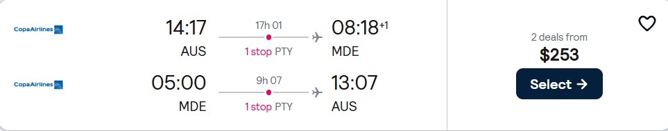 Click here to book this cheap flight deal. Cheap flights from US cities to Medellin, Colombia from only $253 roundtrip with Copa Airlines. Flight deal ticket image.