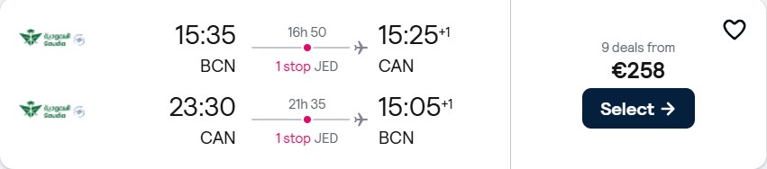 Summer flights from Barcelona, Spain to Guangzhou, China for only €258 roundtrip. Flight deal ticket image.