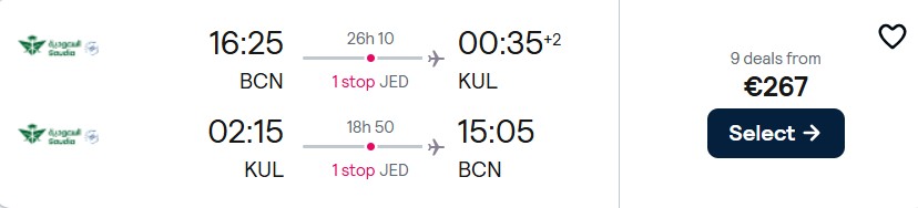 Click here to book this cheap flight deal. Summer flights from Barcelona or Madrid, Spain to Kuala Lumpur, Malaysia from only €267 roundtrip. Flight deal ticket image.
