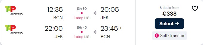 Cheap flights from European cities to US cities from only €331 roundtrip with TAP Air Portugal. Flight deal ticket image.