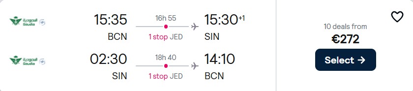 Cheap flights from Barcelona, Spain to Singapore for only €272 roundtrip. Flight deal ticket image.