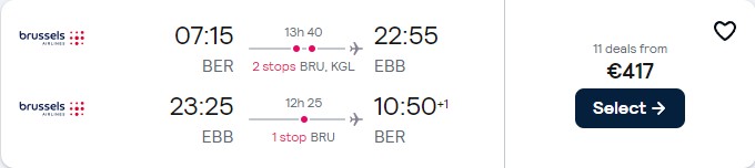 Click here to book this cheap flight deal. Cheap flights from Berlin, Germany to Entebbe, Uganda for only €417 roundtrip with Brussels Airlines. Flight deal ticket image.