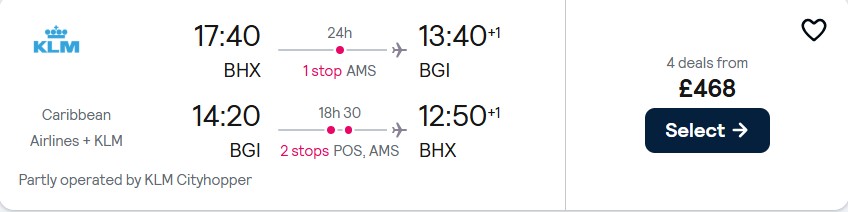Cheap flights from Birmingham, UK to Barbados for only £468 roundtrip with KLM. Flight deal ticket image.