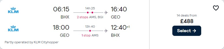 Click here to book this cheap flight deal. Cheap flights from UK cities to Guyana from only £488 roundtrip with KLM. Flight deal ticket image.