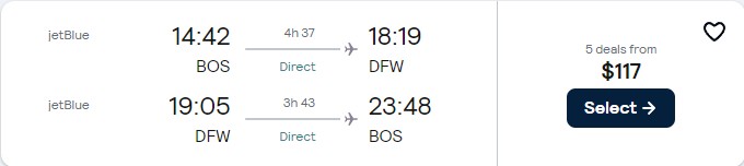 Non-stop flights from Boston to Dallas, Texas for only $117 roundtrip with JetBlue. Also works in reverse. Flight deal ticket image.