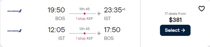Cheap flights from Boston to Istanbul, Turkey for only $381 roundtrip. Flight deal ticket image.