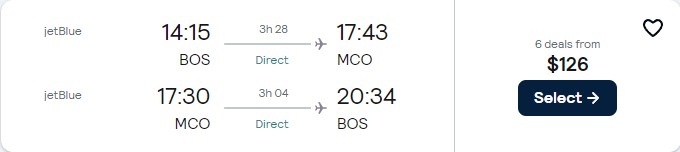 Non-stop flights from Boston to Orlando, Florida for only $124 roundtrip with JetBlue. Also works in reverse. Flight deal ticket image.