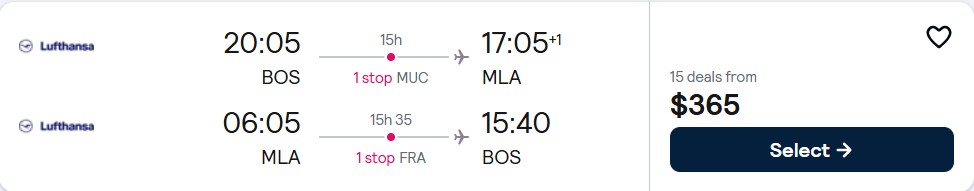 Click here to book this cheap flight deal. Cheap flights from Boston to Malta for only $365 roundtrip with Lufthansa. Flight deal ticket image.