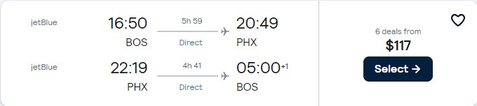 Click here to book this cheap flight deal. Non-stop flights from Boston to Phoenix, Arizona for only $113 roundtrip with JetBlue. Also works in reverse. Flight deal ticket image.